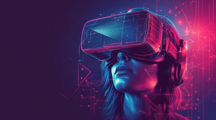 A virtual reality headset is shown in a blue background