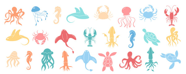 Cartoon aquatic animals set in colorful designs. Featuring marine life with octopus, jellyfish, seahorse, turtle, crab, shrimp, and sea flora. Undersea icons isolated.