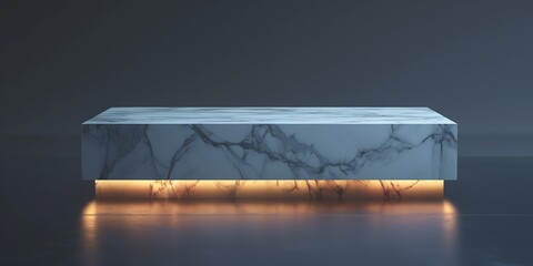 reflection in the pool, Marble Stand with Soft Lighting A 3D white marble stand illuminated by soft, ambient lighting, creating a serene and elegant display environment. 