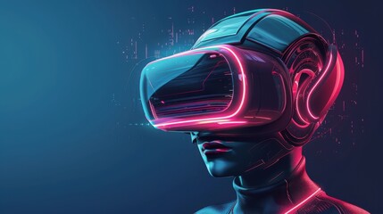 A virtual reality headset is shown in a blue background