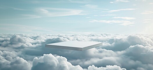 Fototapeta premium Cloud Podium A 3D-rendered minimalist podium standing against a dreamy cloud background, perfect for product display with a serene, pastel sky. 