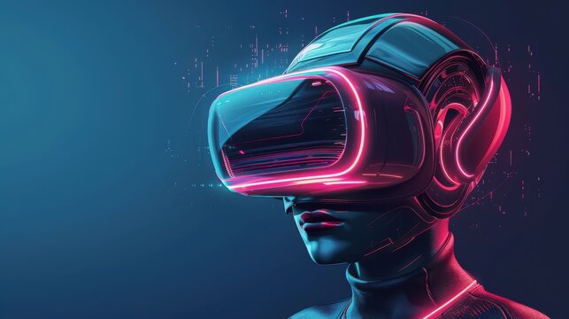 A virtual reality headset is shown in a blue background
