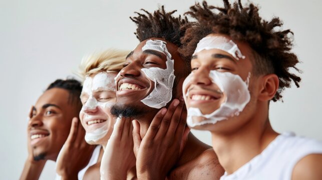 Studio shot of a diverse group of young men, each practicing skincare routines, promoting a healthy lifestyle together