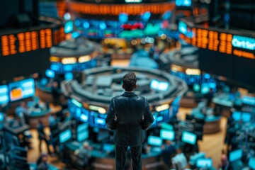  A mini figure businessman on the bustling floor of a stock exchange, surrounded by screens displaying stock prices and other traders. 