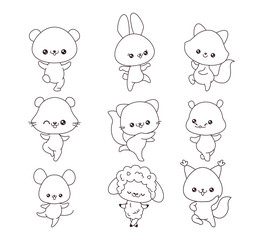 Cute dancing small animals line cartoon illustration set. Kawaii happy cubs enjoying holiday outline icons vector characters collection