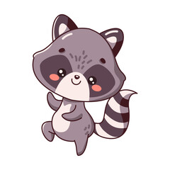 Happy dancing raccoon flat color vector illustration. Kid decor character. Cute exotic animal cub expressing positive icon on white background