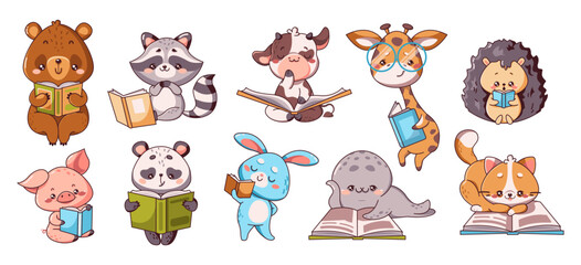 Colorful cartoon animal readers for elementary school. Illustrations designed as coloring pages with vibrant colors to engage young learners