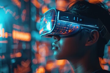 Concept of immersion and wonder as the woman explores the digital world