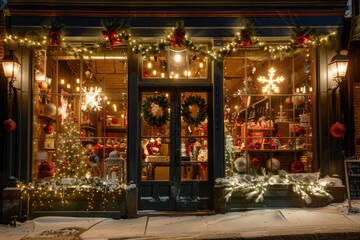 Christmas Decorated Storefront at Night