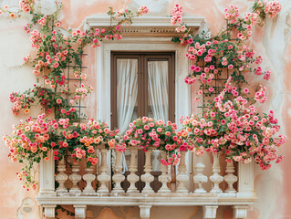 A white balcony on the side of a building with a flower box filled with pink roses.