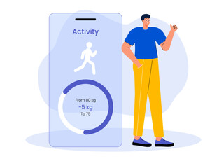 Boy using fitness tracking app. Weight loss vector Illustration