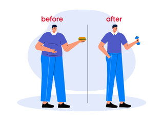 Man with before and after weight loss. Weight loss vector Illustration