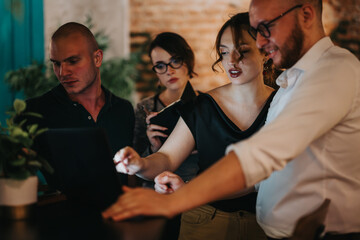 Business team discussing and strategizing around a laptop in a modern office environment. Teamwork and collaboration in the workplace for business success and growth.