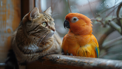 A cat and a bird sharing a fence as they sit together.
