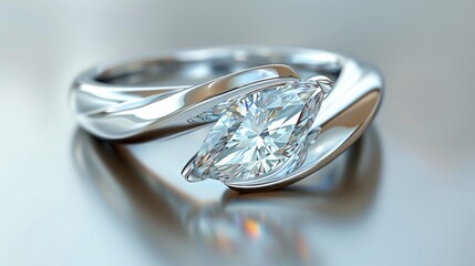 A Close up of a Diamond Ring on a Silver Surface With a White Background - Generative AI