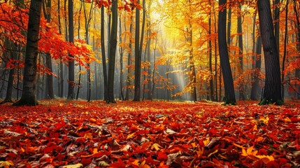 Fototapeta premium A Forest Filled With Leaves and Trees With the Sun Shining Down on Them in the Middle of the Day - Generative AI