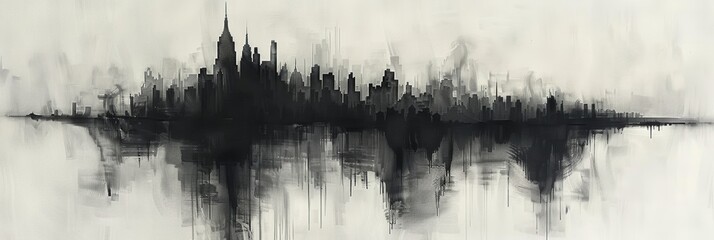 Stylized Geometric City Skyline in Shades of Gray and Black on Pure White Background Creating Abstract and Mysterious Landscape