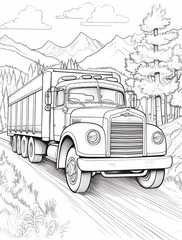 coloring page for kids, A vintage semi-truck driving through the mountains on an old road,