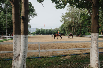 Outdoor equestrian training session with riders practicing in a fenced horse arena surrounded by...