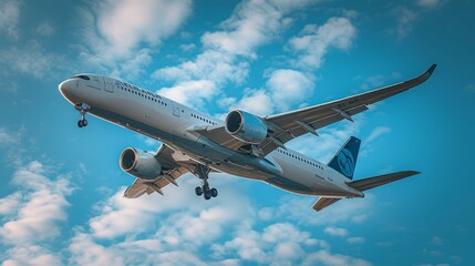 Obraz premium A Large Airplane Flying in the Sky With Clouds Behind It and Blue Sky in Front of It - Generative AI