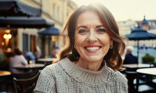 Close-up portrait video of a grinning woman in her 40s that is wearing a chic cardigan against a parisian or european cafe background