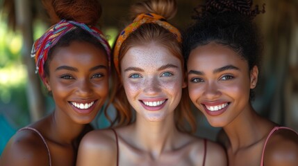 Fototapeta premium Three Women Are Smiling for the Camera While Standing Next to Each Other - Generative AI