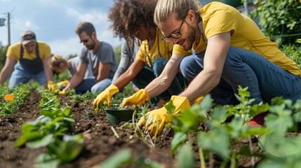A group of volunteers working together in a community garden, planting and watering plants