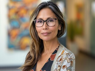 Confident Native American Businesswoman in Modern Office. Professional 45 Year Old Woman with Glasses