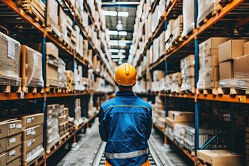 Fototapeta premium Worker wearing a yellow helmet stands in a large warehouse filled with shelves of boxes and packages, showcasing logistics and storage operations.