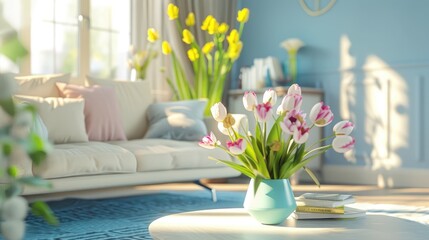 Modern room with cozy sofa and table decorated with spring flowers