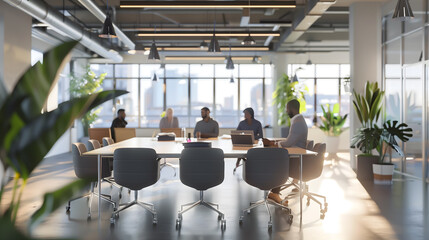 A business team having a meeting in a bright, modern conference room, clean and professional,