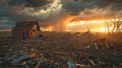 A Dilapidated House Sits in the Middle of a Pile of Rubble and Debris - Generative AI