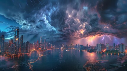 Obraz premium A View of a City Skyline Lit up Under a Stormy Sky With Water in the Foreground and Buildings in the Background - Generative AI
