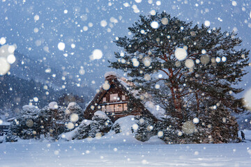 Twilight snowy landscape of the famous Gassho Zukuri Folk Village