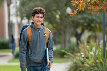 Obraz premium Young Man Walking Through Campus with Backpack and Book