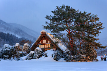 Twilight snowy landscape of the famous Gassho Zukuri Folk Village