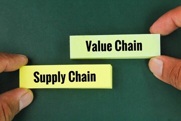 hand holding a colored paper with two choices of the word value chain or supply chain