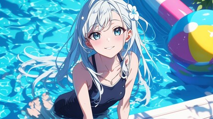 プールで遊ぶアニメ調の日本人美少女
