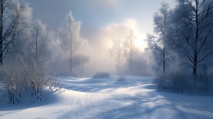 Naklejka premium A Snow Covered Path in a Forest With Trees and Bushes on Both Sides of the Path - Generative AI