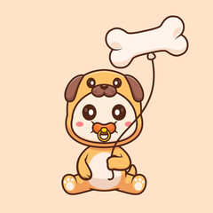 Cute Baby Wearing Pug Dog Costume with Bone Balloon Cartoon Vector Icon Illustration
