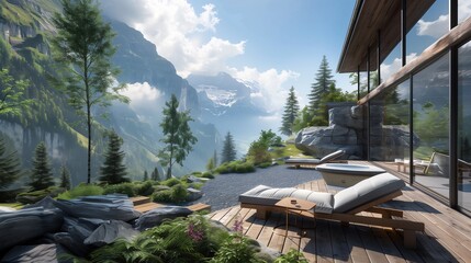 Fototapeta premium Stunning Mountain Retreat Focusing on Wellness: High-Tech Health Monitoring, Outdoor Activities, and Relaxation