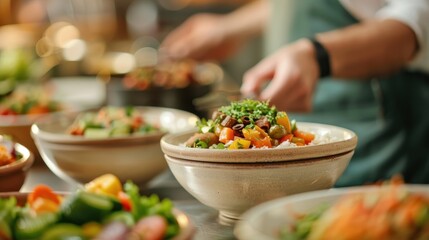 A traditional Islamic meal in a halal kitchen, emphasizing religious dietary restrictions and halal food practices, focusing on Islamic food culture and halal compliance