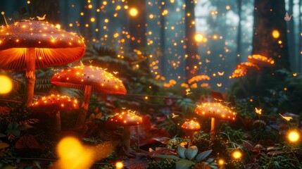 Enchanted autumn forest. Glowing mushrooms background