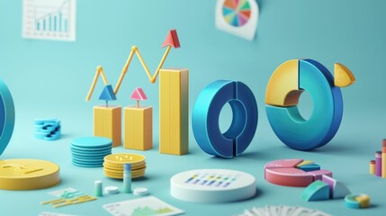 Business growth with 3D pie charts and financial symbols