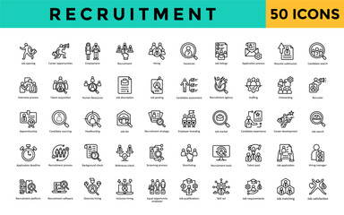 Recruitment icon set with job opening, career opportunities, employment, recruitment, hiring, vacancies, job listings, application process, resume submission, candidate icon. Simple line vector 
