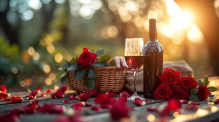 A Bottle of Wine and a Glass of Wine on a Table With Red Roses - Generative AI