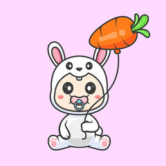 Cute Baby Rabbit Holding Carrot Balloon Cartoon Vector Icon Illustration