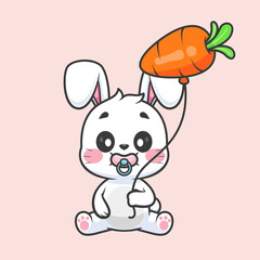  Cute Baby Wearing Rabbit Costume with Carrot Balloon Cartoon Vector Icon Illustration