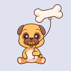 Cute Baby Pug Dog Holding Bone Balloon Cartoon Vector Icon Illustration