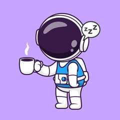  Cute Astronaut Sleepy Holding Coffee Cartoon Vector Icon Illustration